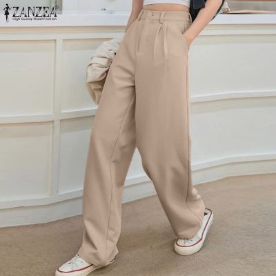 ZANZEA Women Casual Solid Button Down Straight Long Harem Pant With Side Pockets