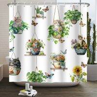 Potted Plants Cat Shower Curtain Cactus Succulent Plant Boho Floral Kitty Bathroom Curtain Machine Washable Kids Bath Curtain