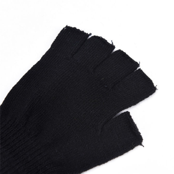 lowest-price-mh-chic-men-ถักสีดำยืดยืดหยุ่นอบอุ่นครึ่งนิ้วถุงมือนิ้วฤดูหนาว