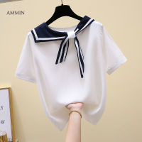 AMMIN 2021ฤดูร้อนใหม่ Navy เสื้อชีฟองผู้หญิงแขนสั้น Pure สี Simple คอกลมกับโบว์หูกระต่ายเสื้อครึ่งตัวสตรีหวานแหวว Top