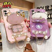 เคสด้านหลังป้องกันการกระแทกสำหรับ VIVO Y33S Y33t Y21S Y15A Y01โปร Y19 3มิติการ์ตูนน่ารักแฟชั่น3มิติเฮลโลคิตตี้แต่งหน้ากระจกกรณีพร้อมขาตั้งโทรศัพท์ที่ยึดมุกนิ่มป้องกันการกระแทก