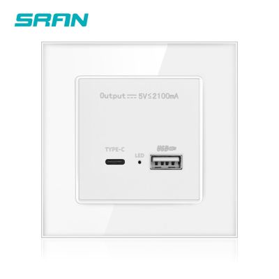 SRAN 2-Port USB with Type-C Wall Outlet 5V 2.1A Output with LED Indicator For Phone Computer Charge tempered Glass Panel 86*86mm