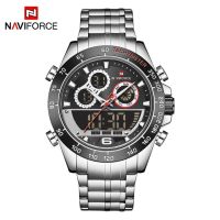 ⌚นาฬิกาข้อมือสำหรับผู้ชาย NAVIFORCE นาฬิกาสแตนเลสสำหรับผู้ชาย,นาฬิกาข้อมือชายนาฬิกาหน้าจอคู่เป็นทางการสุดหรู