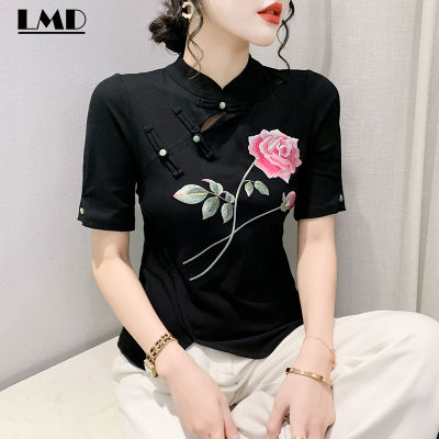 LMD summer new embroidery floral new Chinese style Chinese style disc button button slim fit everything short sleeve pure cotton T-shirt womans new large size S-3XL casual comfortable elegant blouse