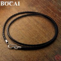 BOCAI S925 Sterling Silver Buckle Necklace Leather Rope Woven Black Cow 2023 New Fashion Jewelry for Men Women