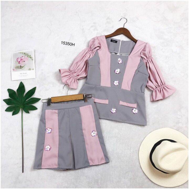 tw15350-set-2-ชิ้น-เสื้อแขนพองแต่งสลับสี-กางเกงขาสั้น