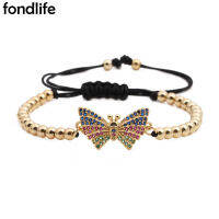 Multicolor Rainbow Cubic Zirconia Crystal Butterfly Charm 4MM Gold-plated Gum Metal Copper Beads Bracelet Women Trendy Jewelry