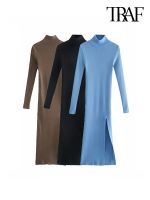 【CC】 Fashion Front Slit Sheath Knit Neck Sleeve Female Dresses Vestidos Mujer