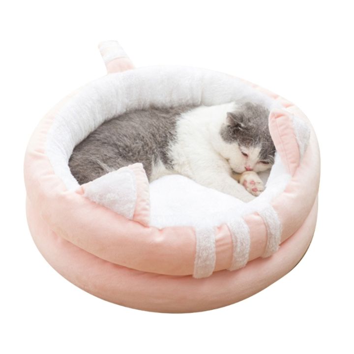 เตียงแมวการ์ตูนรอบสัตว์เลี้ยงแมวเตียงแมวบ้านเบาะข้นแมวนอนเตียงป้องกันการลื่นไถลลูกแมวครึ่งล้อมรอบ-เปิดเตียง