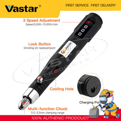 Vastar ปากกาแกะสลักไฟฟ้ามือถือขนาดเล็ก15000RPM,ปากกาเจียรแกะสลัก30W 5V ปรับความเร็วได้3ระดับชาร์จได้มีช่องเสียบ USB เครื่องแกะสลักเครื่องเจียร DIY ชุดเครื่องมือขัดพร้อมเครื่องมือดอกสว่านโรตารี่ (เพียง1 X สีดำ)