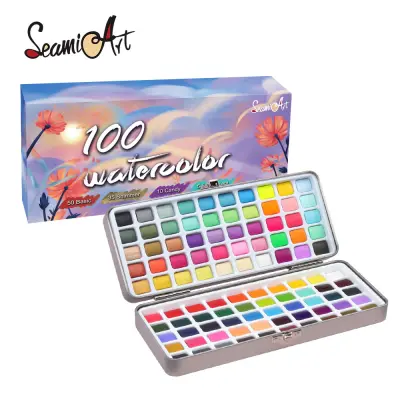 SeamiArt 100 Colors Solid Watercolor Tin-box Set Basic Metallic Shimmer Fluorescence Colors