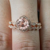 SS 18K Rose Gold Round Floral Crystal Diamond Zircon Ring Wedding Band Ring Set