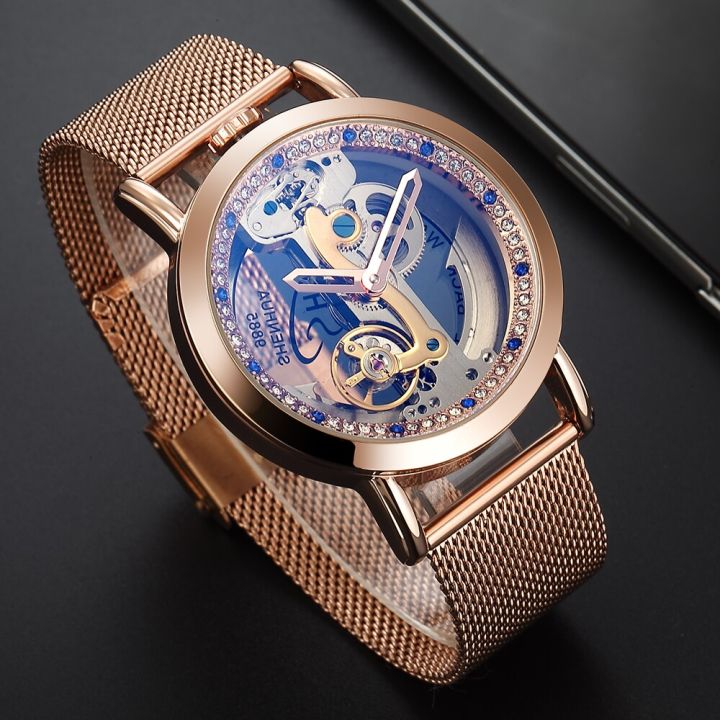 โปร่งใสแฟชั่น-tourbillon-นาฬิกาผู้ชายสีฟ้าหน้าปัดคริสตัลสายนาฬิกาแบบถักอัตโนมัตินาฬิกาข้อมือ-reloj-กลไก2023