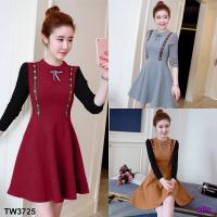 P3725 เดรสเจาะตาไก่แขนไหมพรม Eyelet pierced dress with silk sleeves