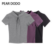 PEAR DODO เสื้อยืดถักสั้นกระชับแขนสั้นแบบหลวมสำหรับผู้หญิงฉบับภาษาเกาหลี