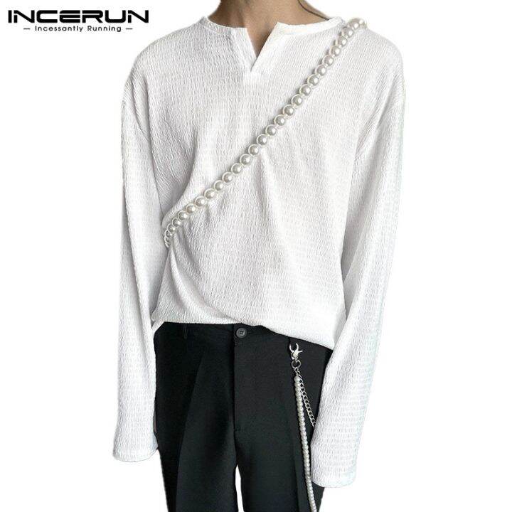 incerun-เสื้อท็อปคอวีแขนยาวสีพื้นสไตล์เกาหลีสําหรับผู้ชาย