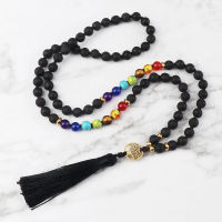 Hot 6 8mm Lava Rock Stone 7 Chakra Beaded Necklace Gold Tree of Life Tassel Blessing Yoga Necklaces Women Men Meditation Jewelry