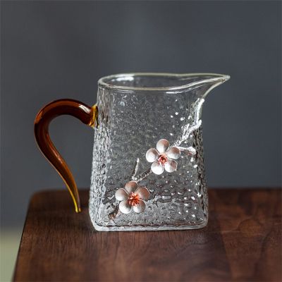 Japanese Heat Resistant Large Glass Teapot with Handle Creative 3D Plum Glass Teacup Transparent Hammer Pattern Chahai Drinkware