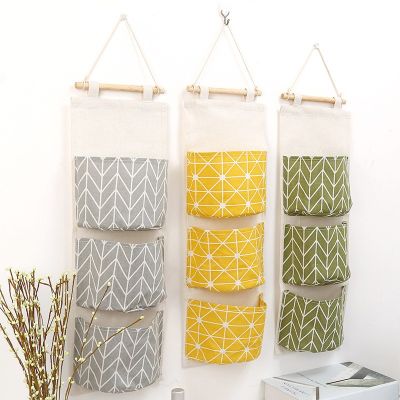 Sundries Multi-layer Geo Pattern Hanging Pocket Creative Three Tier Cotton Linen Blend