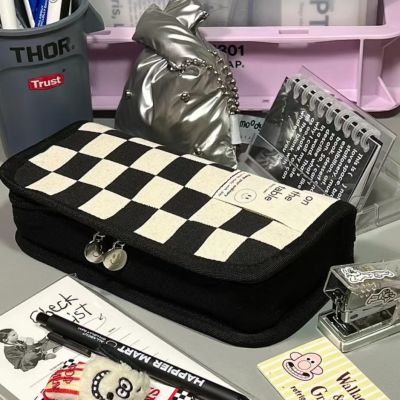 Checkerboard Kawaii Pencil Case Bags Large Capacity Canvas Cute Pen Pouch Korean Stationery School Office Supplies for Student