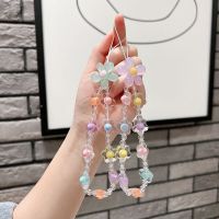 Korean Sweet Colorful Flowers Mobile Phone Chain for Women Girls Transparent Beads Student Wrist Rope for Phone Case Lanyards