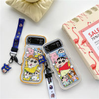 เคสนิ่มคลื่นสำหรับ Samsung Galaxy Z Flip5 Flip4 Flip3 5G TPU ใสหยักรูปการ์ตูนดินสอสีจันฝาครอบป้องกันพร้อมสายคล้อง