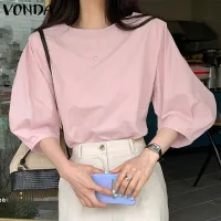 VONDA Women Spring O Neck Puff Sleeve Casual Tops Pleated Solid Color Blouse (Korean Causal)