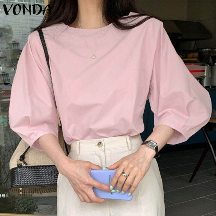 VONDA Women Spring O Neck Puff Sleeve Casual Tops Pleated Solid Color