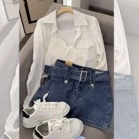 Autumn gentle wear womens 2023 new Korean style hot girl suspenders loose shirt denim skirt three-piece trendy