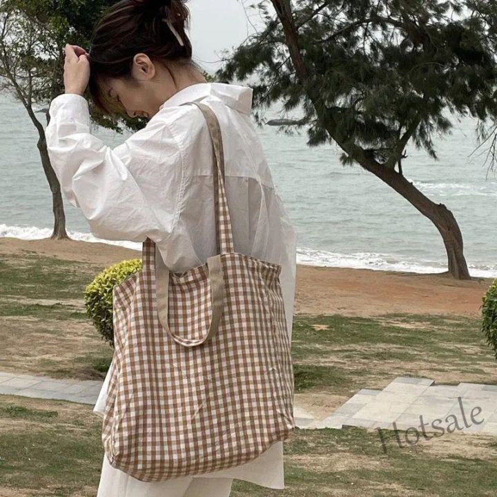 hot-sale-c16-double-sided-design-plaid-canvas-tote-bag-korean-ins-lazy-style-shoulder-bag-handbag