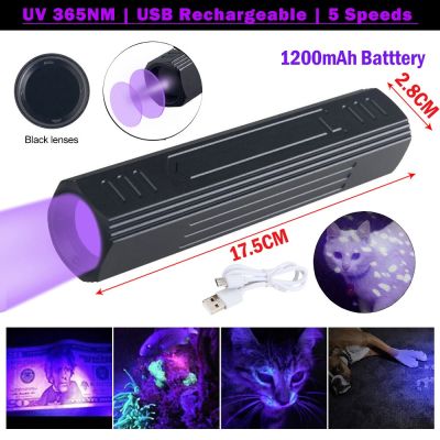 UV 365NM Lamp Ultraviolet Blacklight USB Rechargeable Black Mirror Flashlight Pet Urine Stains Detector Cat Moss Tinea Light Rechargeable Flashlights