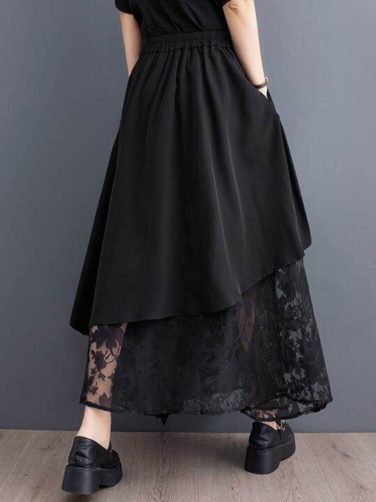 xitao-skirt-black-asymmetrical-gauze-patchwork-skirt