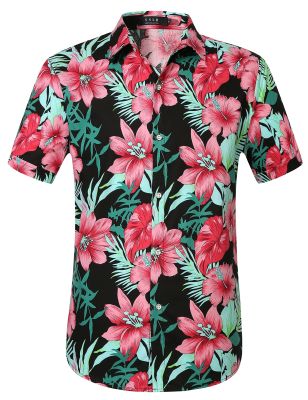 เสื้อแฟชั่นสำหรับผู้หญิงฮาวายพิมพ์ลายดอกไม้สีสันสดใสสำหรับผู้ชายเสื้อ3D ชายหาดแขนสั้นเสื้อคอปกสำหรับผู้ชาย