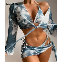 GNIM y Triangle Swimsuit Bikini Set 2021 Summer Tie-dye Print Swimwear our Pieces Cover Up Beachwear Swim Bather Suit