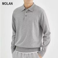 MOLAN สีทึบของผู้ชายแขนยาวถักเสื้อโปโลเสื้อโปโล Lapel หลวมสไตล์วินเทจเสื้อโปโล