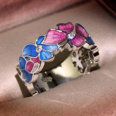 Fashion Ring Women Fashion Flower Butterfly Ring Ladies Zircon Ring Party Jewelry Handmade Enamel Color Ring Jewelry for Women