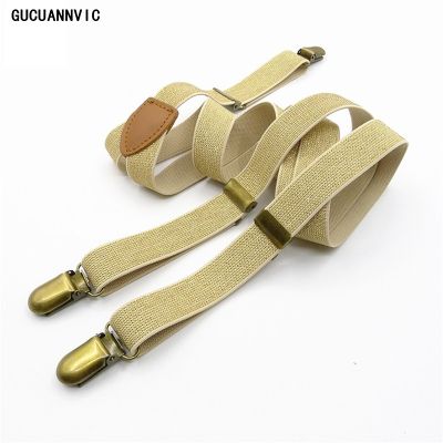 【YF】▥  2x100CM Fashion Suspenders Pants Gold 3Clip Braces Womens Adjustable Elasticity Leather Men