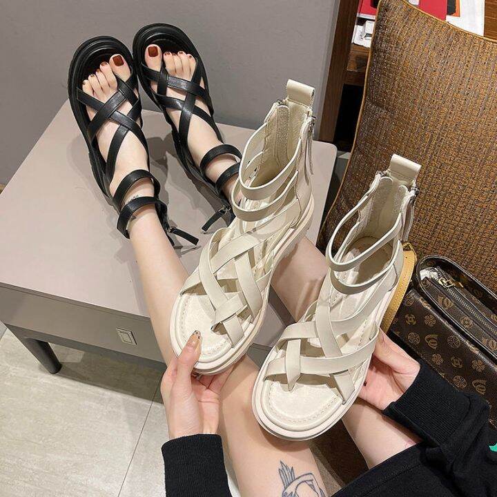 ขายดีที่สุด-ioztt2023-real-soft-leather-sandals-women-39-s-summer-new-clip-toe-thick-bottoming-muffin-back-zipper-roman-high-top-hollowed-out-cool-boots