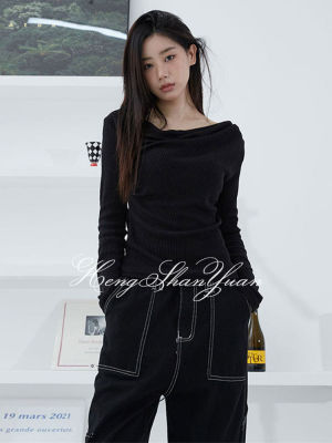 HengShanYuan เสื้อยืดแขนยาวเปิดไหล่ผู้หญิง,เสื้อยืดสตรีทแฟชั่นสีพื้นแบบสลิมพอดีตัว