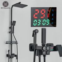 Black Thermostatic LCD Shower Faucet Set Temperature Display Rainfall Bathtub Tap With Bathroom Shelf Electricity By Water