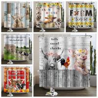 Farmhouse Rustic Shower Curtain Funny Animals Cow Pig Horses Wood Farm House Bathroom Decor Waterproof Polyester Fabric 180x180