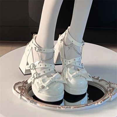 PEPE มังกร MODE Korea ผู้หญิงปีศาจน้อยโลลิต้าหวานเผ็ดสาวรองเท้าส้นสูงแพลตฟอร์มกันน้ำติดโบว์รองเท้าเจ้าหญิง Y2K รองเท้าส้นสูง