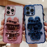 เคสโทรศัพท์ขาตั้งพับได้กระต่ายเคลือบอิเล็คทริกสุดหรูสำหรับ IPhone 11 12 13 14 Pro Max 7 8 Plus XR Xs Max เคสโทรศัพท์ป้องกันเลนส์ฝาหลังแบบคลื่นไล่ระดับสี