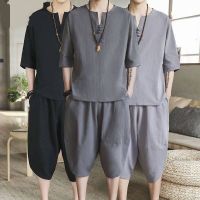 COD ❉▨ CUZ81VG V SHOP Mens linen suit large size loose cropped pants cotton and linen two-piece casual pants hemp cotton T-Shirts