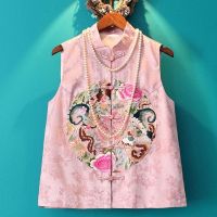 2023 Spring and Summer Chinese Improved Cheongsam Vest Top Women Vintage Buckle Flower Embroidered Sleeveless Short Jacket Haberdashery