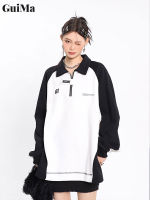 เสื้อโปโลผู้หญิง Guima ติดเสื้อกันหนาวมีซิปด้วยแถบผ้าคอนทราสต์สีดำและสีขาว