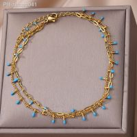 Bohemian Blue Beaded Anklets for Women Retro Gold Color Stainless Steel Ankle Bracelet Charm Summer Beach Accessories Jewelry