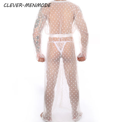 CLEVER-MENMODE ผู้ชายเซ็กซี่ชุดยาวซีทรูใสนอนสวมเสื้อคลุมอาบน้ำชุดปรับทองชุดชั้นในที่แปลกใหม่2ชิ้น