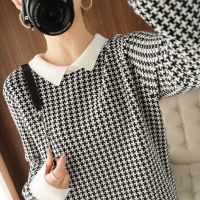 Pure cotton sweater women 2021 new houndstooth casual knitwear doll collar pullover plus size womens top hot