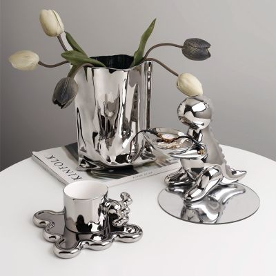 Silver-Plated Vase Creative Irregular Ceramic Ornaments Sample Room Decorations Posing Props